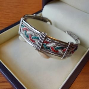 Unique Cuff Metal Bracelet w/White Red & Green Wire Intertwined/ Adjustable.